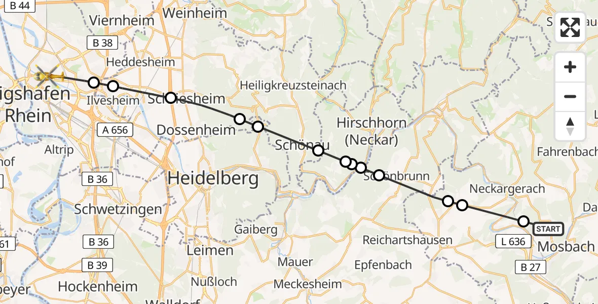 Routekaart van de vlucht: Rettungshubschrauber nach Mannheim, Theodor-Kutzer-Ufer