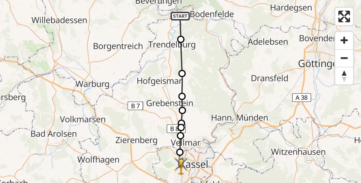 Routekaart van de vlucht: Rettungshubschrauber nach Kassel, Hansteinstraße
