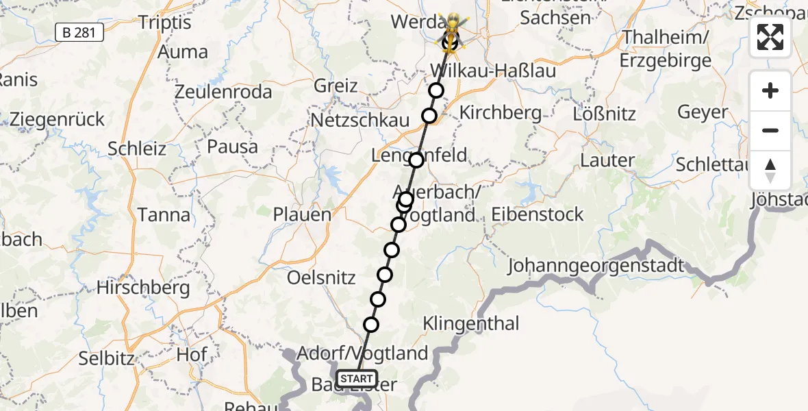 Routekaart van de vlucht: Rettungshubschrauber nach ADAC Air Rescue Station Zwickau Hubschrauberlandeplatz