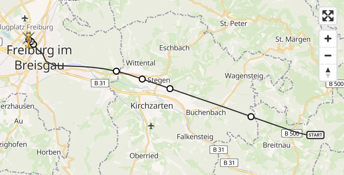 Routekaart van de vlucht: Rettungshubschrauber nach Freiburg University Hospital Heliport 1
