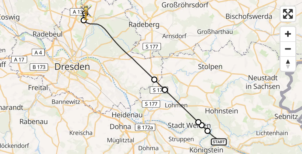 Routekaart van de vlucht: Rettungshubschrauber nach Dresden Bundespolizei Hubschrauberlandeplatz