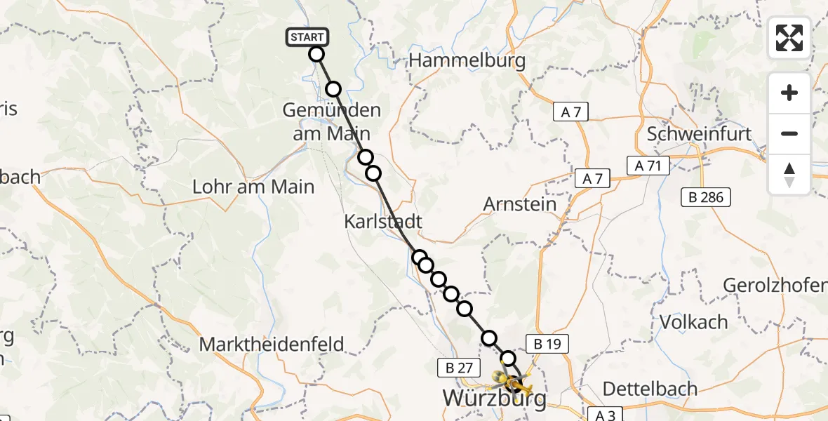 Routekaart van de vlucht: Rettungshubschrauber nach Würzburg University Hospital Rooftop
