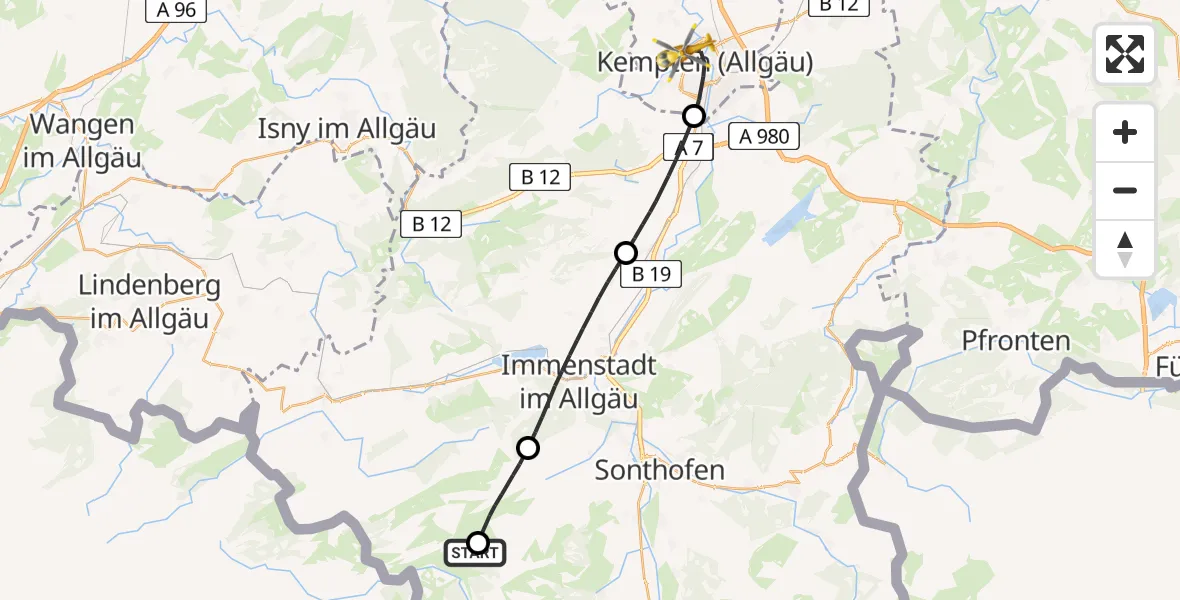 Routekaart van de vlucht: Rettungshubschrauber nach Kempten (Allgäu), Bischof-Freundorfer-Weg