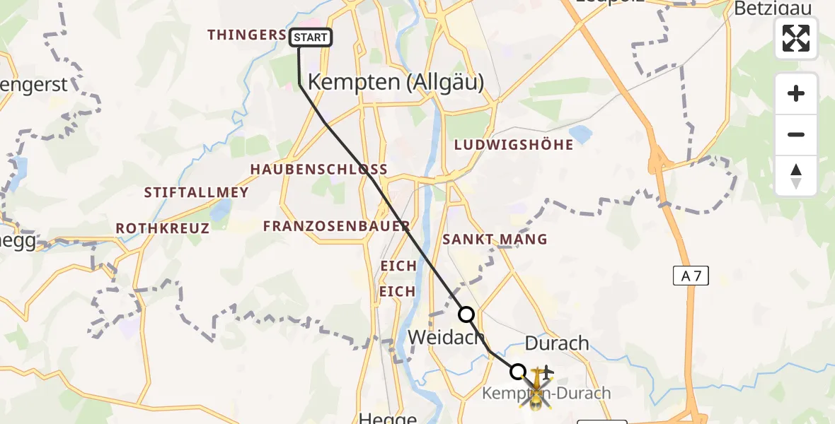 Flugroute Rettungshubschrauber Kempten (Allgäu) - Kempten-Durach Flugplatz, 02 April 2026, 17:35