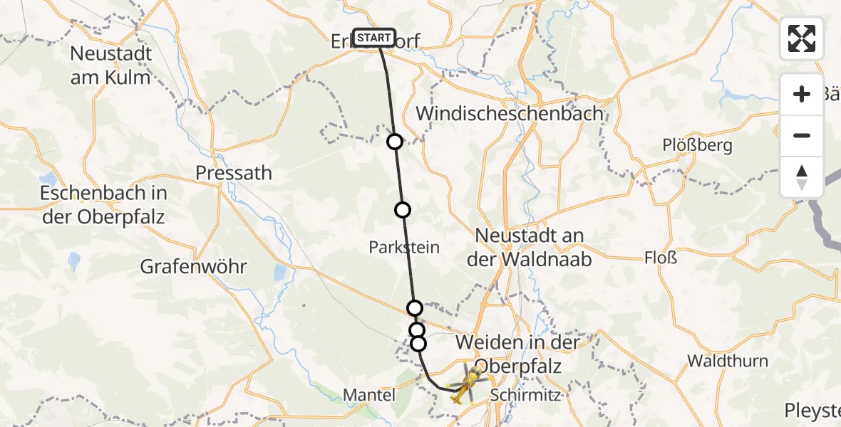 Routekaart van de vlucht: Rettungshubschrauber nach Weiden i.d.OPf., Zur Spitalöd