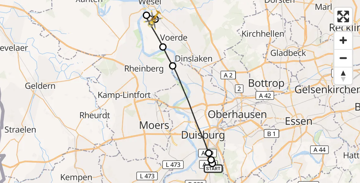 Flugroute Rettungshubschrauber Duisburg Air Rescue Hubschrauberlandeplatz (Christoph 9) - Wesel, 02 April 2026, 18:01