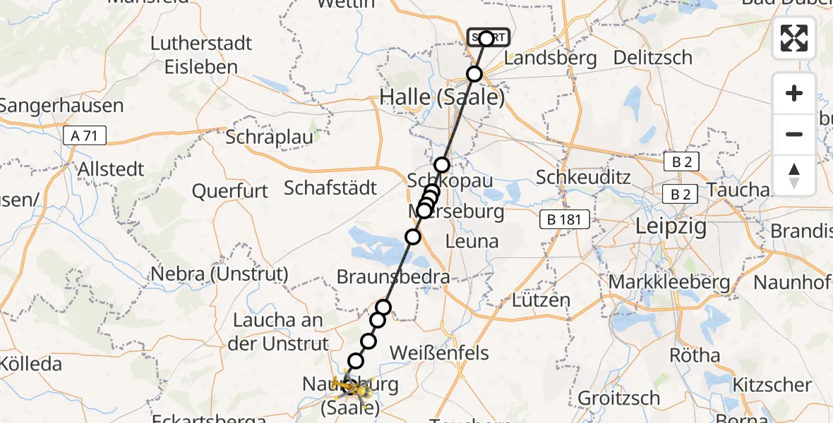 Routekaart van de vlucht: Ambulanzhubschrauber nach Naumburg Krankenhaus Hubschrauberlandeplatz