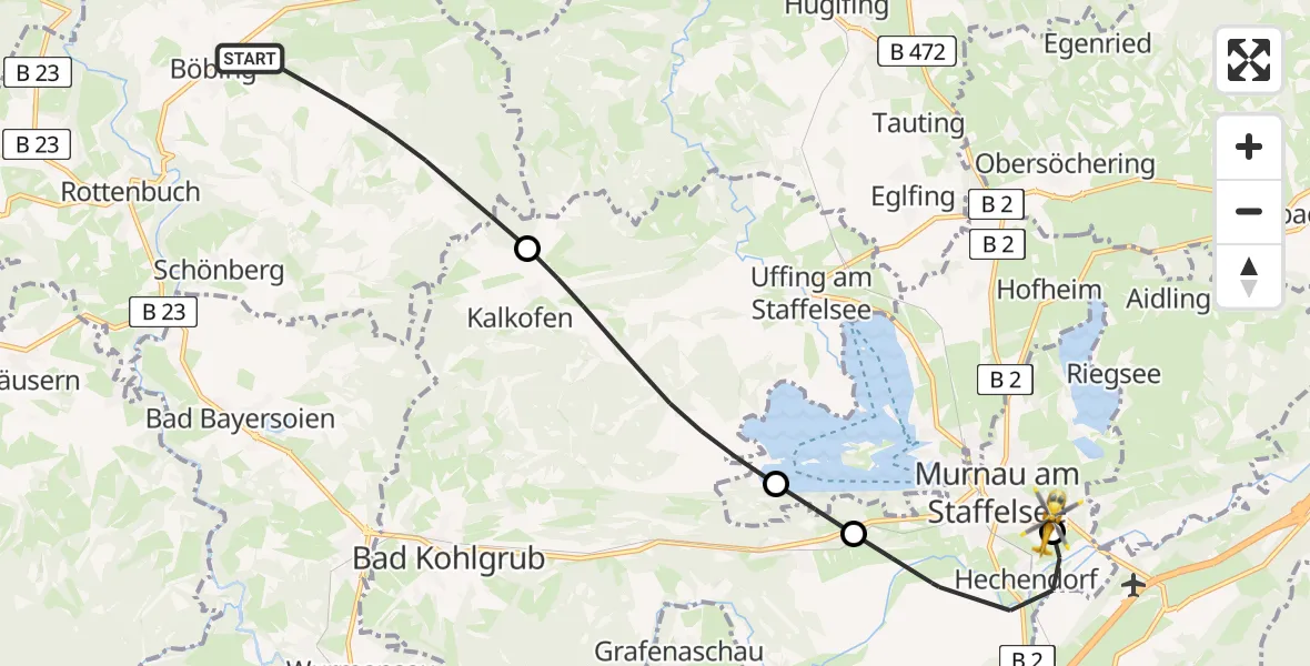 Routekaart van de vlucht: Rettungshubschrauber nach Murnau Accident Hospital