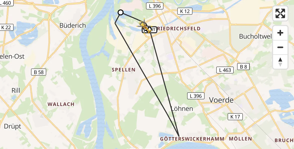 Flugroute Rettungshubschrauber Voerde (Niederrhein) - Wesel, 02 April 2026, 18:13
