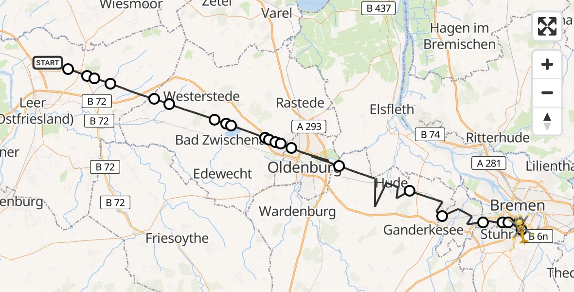 Routekaart van de vlucht: Rettungshubschrauber nach ADAC Air Rescue Station Bremen Hubschrauberlandeplatz (Christoph 6)