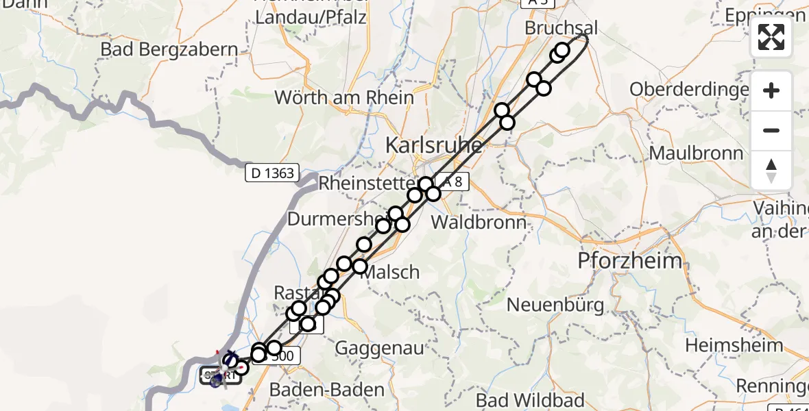 Routekaart van de vlucht: Polizeihubschrauber nach Karlsruhe Baden-Baden Flughafen