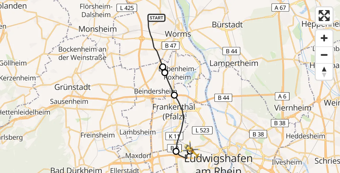 Routekaart van de vlucht: Rettungshubschrauber nach Ludwigshafen Accident Hospital