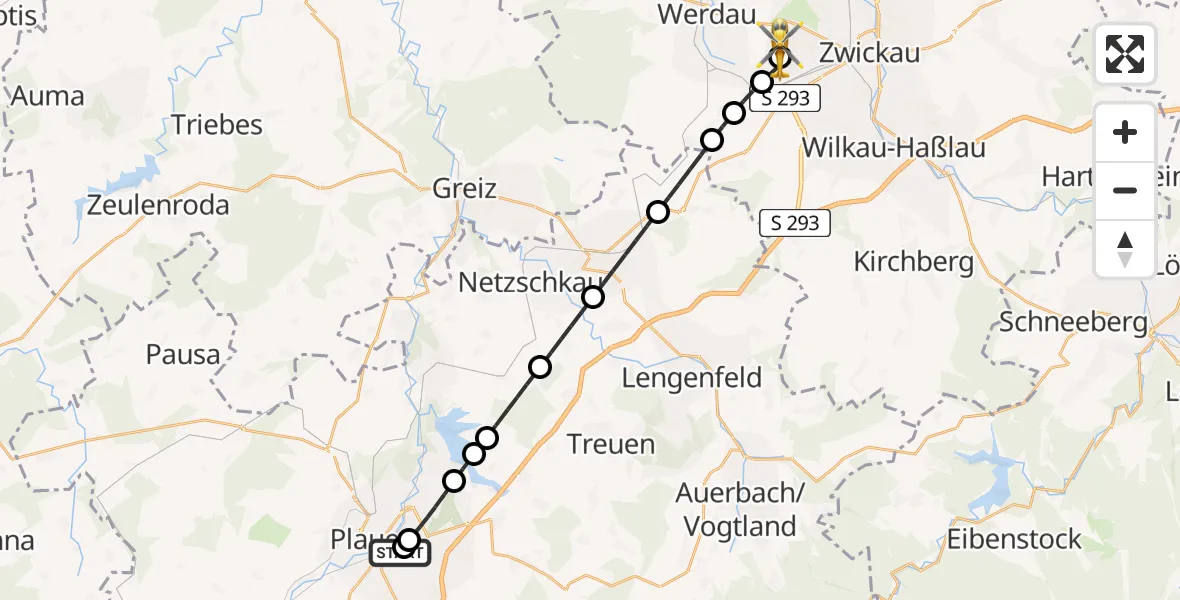 Flugroute Rettungshubschrauber Helios Clinic Plauen - ADAC Air Rescue Station Zwickau Hubschrauberlandeplatz, 02 April 2026, 18:41