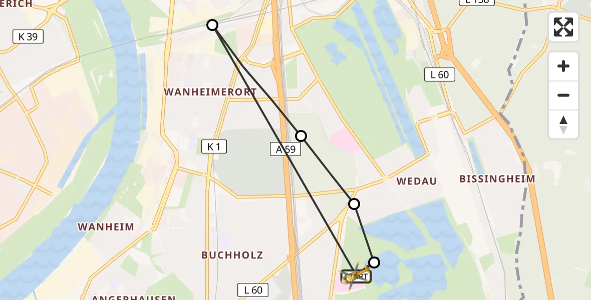 Flugroute Rettungshubschrauber Duisburg Air Rescue Hubschrauberlandeplatz (Christoph 9) - Duisburg Air Rescue Hubschrauberlandeplatz (Christoph 9), 02 April 2026, 18:49