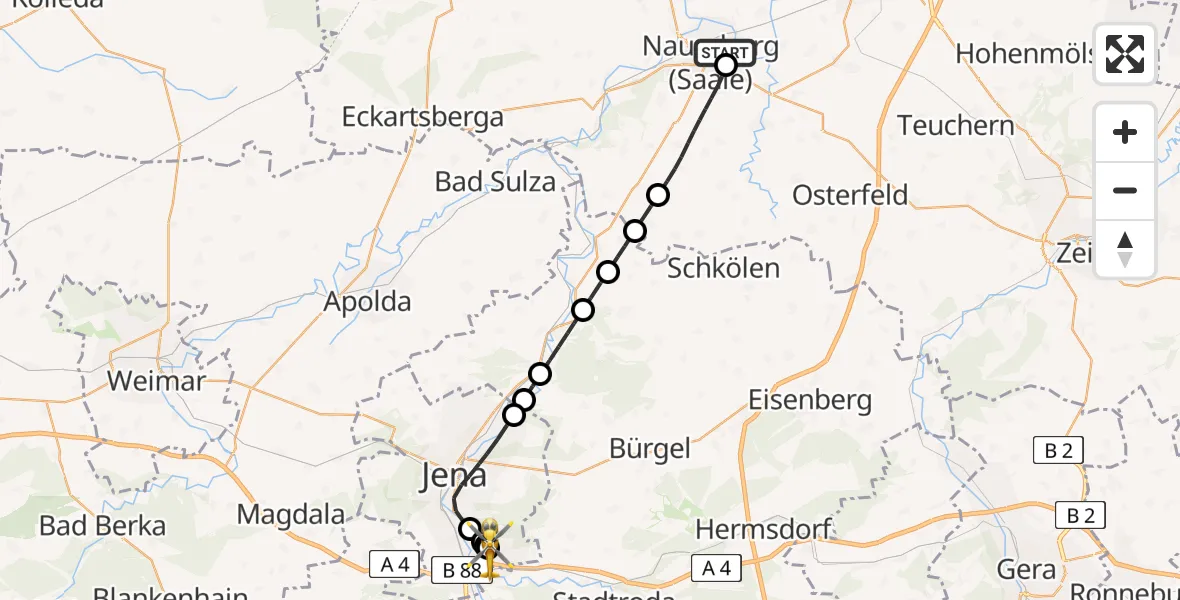 Routekaart van de vlucht: Ambulanzhubschrauber nach !|H|Thüringen|Jena|Jena, Jena University Hospital