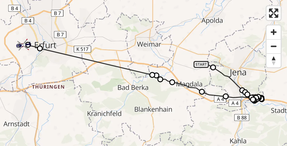 Routekaart van de vlucht: Polizeihubschrauber nach Erfurt-Weimar Flughafen
