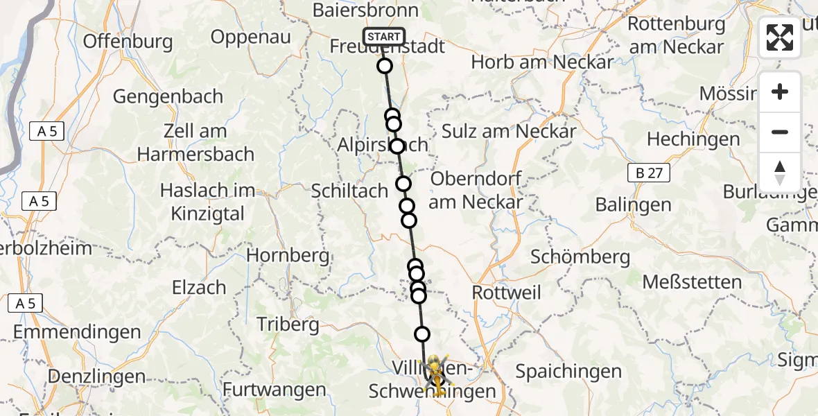 Routekaart van de vlucht: Rettungshubschrauber nach DRF Air Rescue Station Villingen-Schwenningen Hubschrauberlandeplatz (Christoph 11)