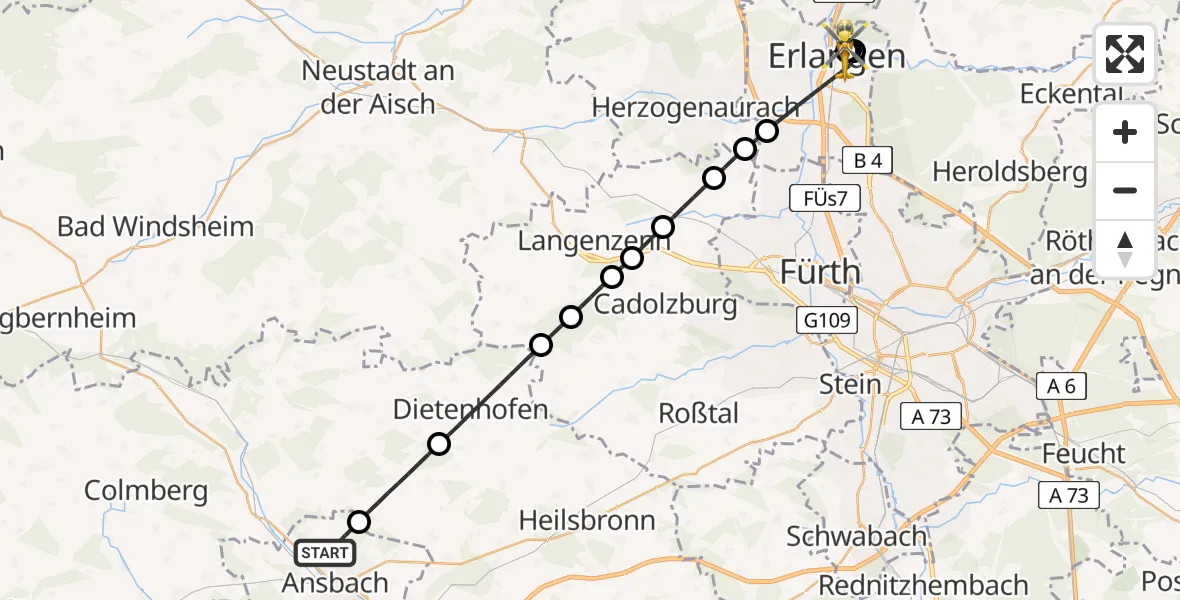 Routekaart van de vlucht: Ambulanzhubschrauber nach Erlangen University Hospital Rooftop