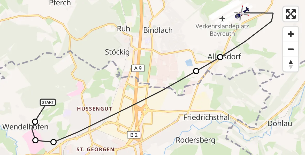 Routekaart van de vlucht: Polizeihubschrauber nach Bayreuth Flughafen