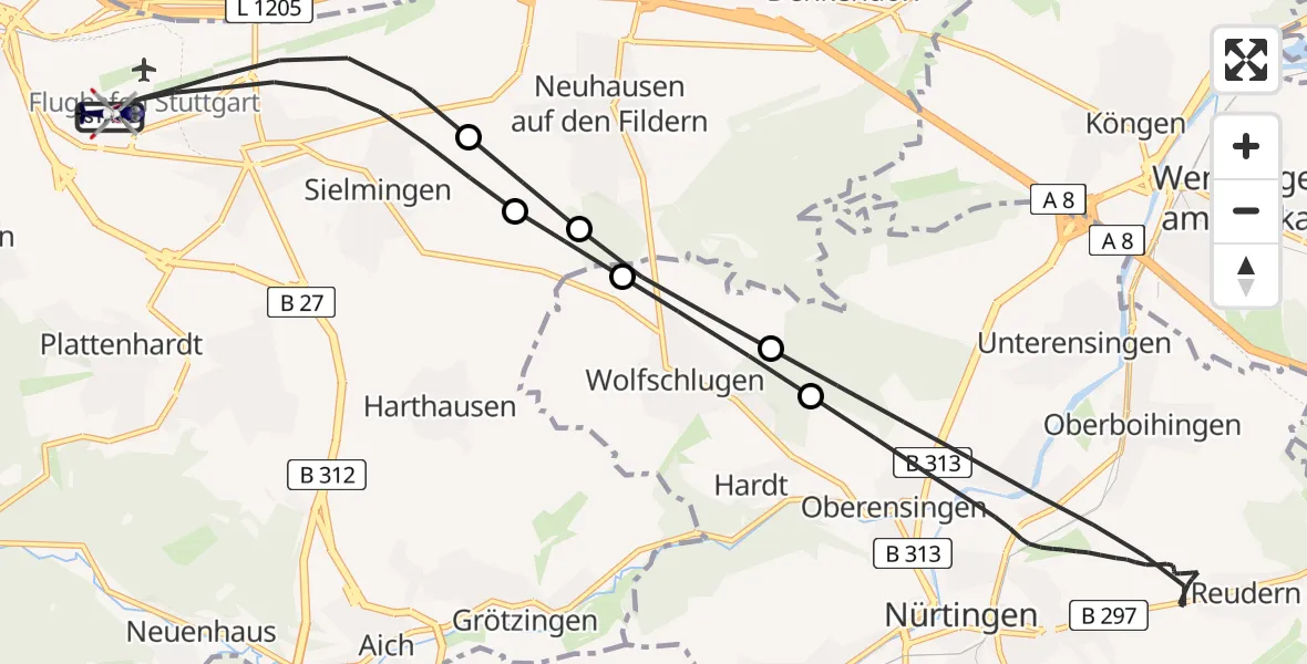Flugroute Polizeihubschrauber Flughafen Stuttgart - Flughafen Stuttgart, 02 April 2026, 22:34