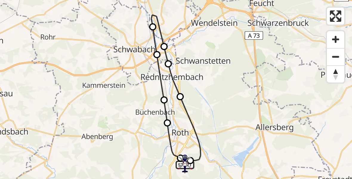 Routekaart van de vlucht: Polizeihubschrauber nach Flugplatz Roth
