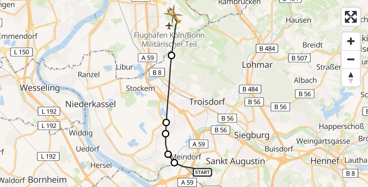 Flugroute Rettungshubschrauber Sankt Augustin - Köln Bonn Flughafen, 03 April 2026, 04:49