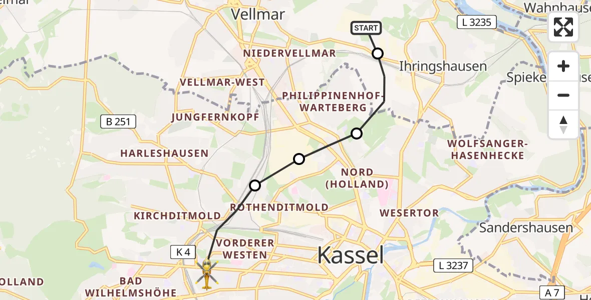 Flugroute Rettungshubschrauber Fuldatal Bundespolizei Hubschrauberlandeplatz - Kassel, 03 April 2026, 05:07