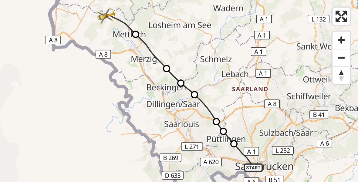 Flugroute Rettungshubschrauber Saarbrücken - Mettlach, 03 April 2026, 05:35