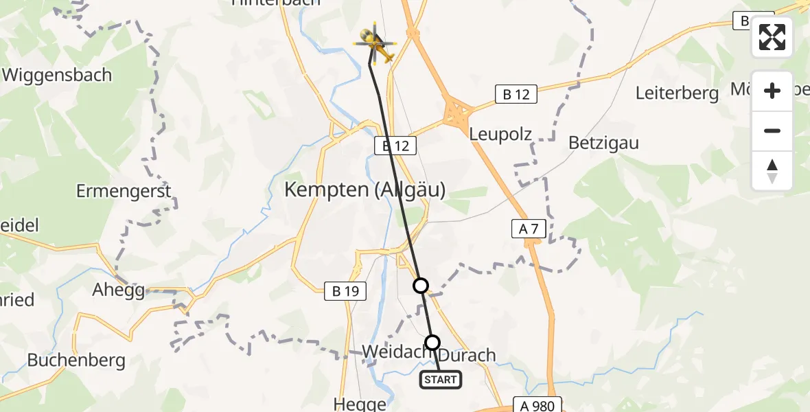 Routekaart van de vlucht: Rettungshubschrauber nach Kempten (Allgäu), Binzenrieder Weg