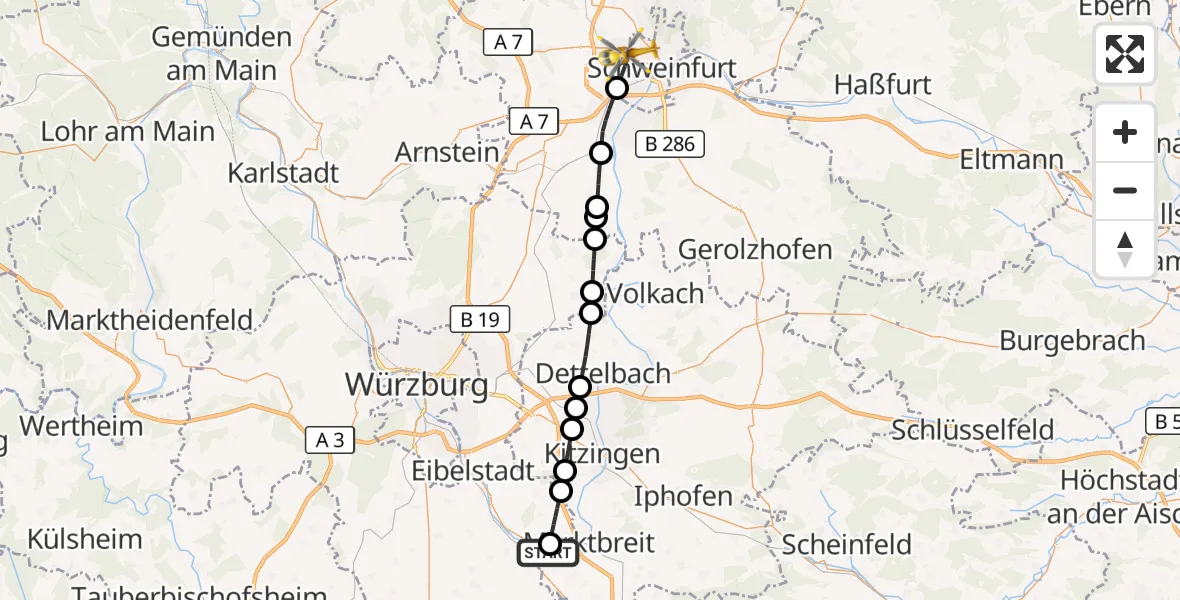Flugroute Rettungshubschrauber Ochsenfurt - Schweinfurt, 03 April 2026, 06:24