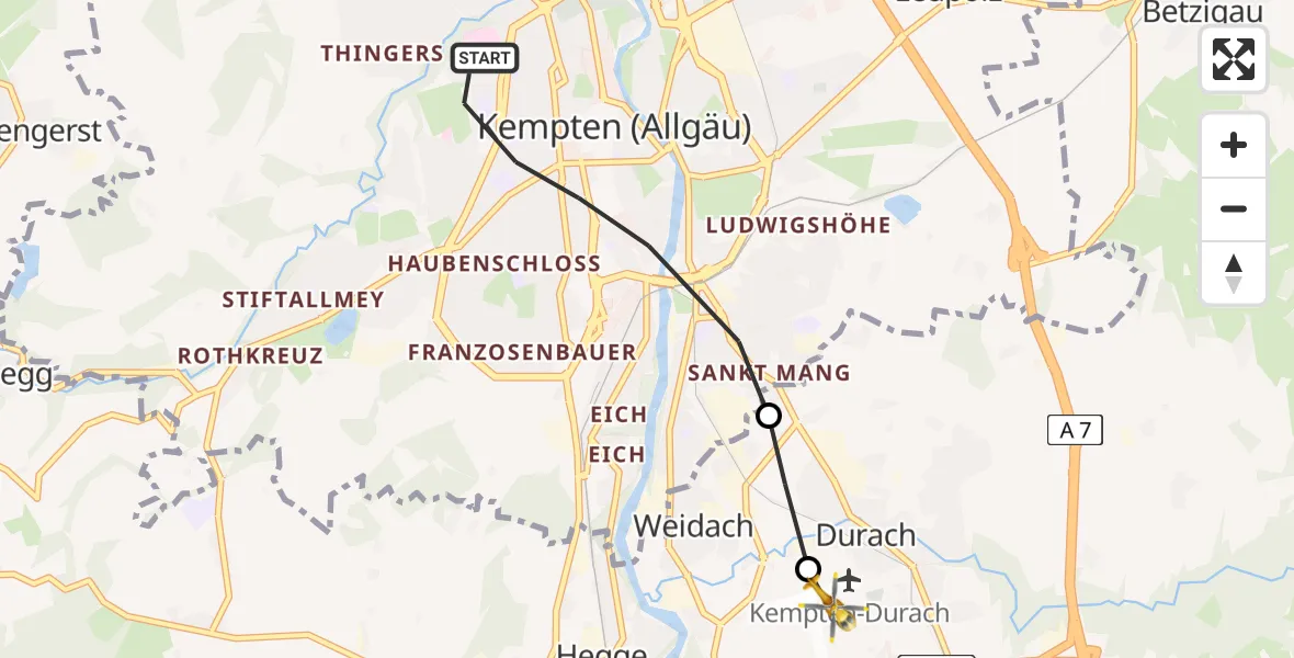 Flugroute Rettungshubschrauber Kempten (Allgäu) - Kempten-Durach Flugplatz, 03 April 2026, 06:37