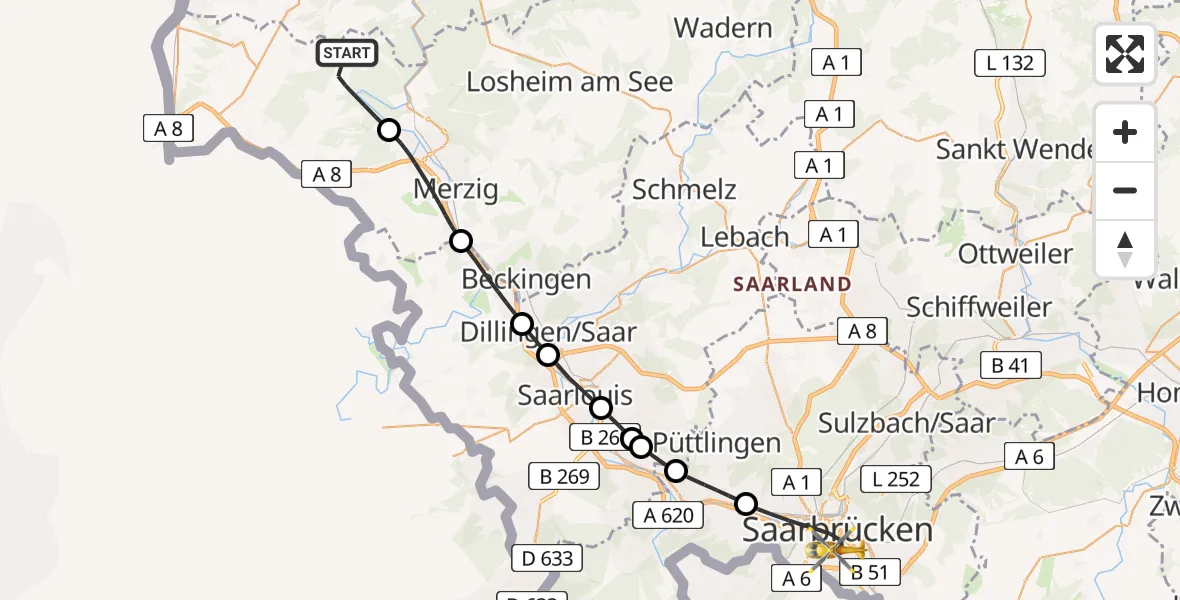 Routekaart van de vlucht: Rettungshubschrauber nach Saarbrücken, Winterberg