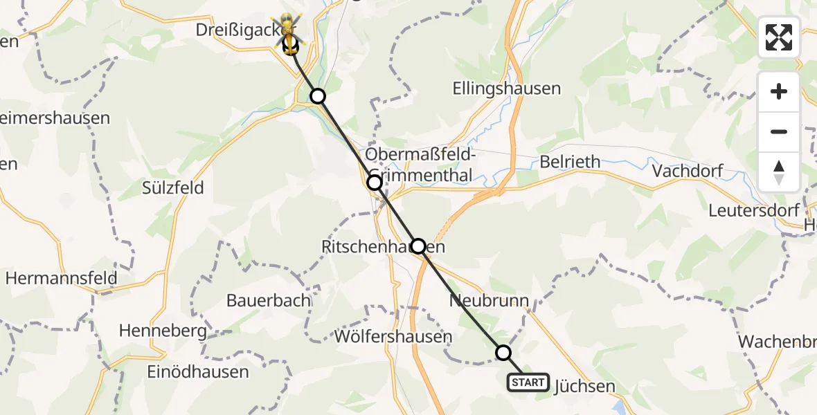 Flugroute Rettungshubschrauber Grabfeld - Helios Clinic Meiningen, 03 April 2026, 07:02