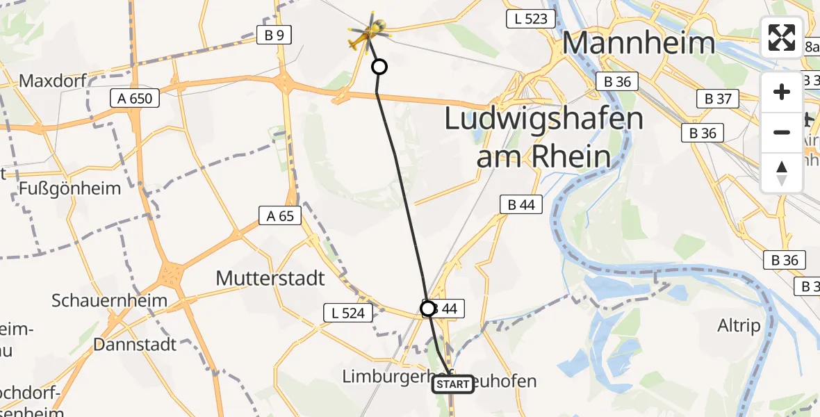 Routekaart van de vlucht: Rettungshubschrauber nach Ludwigshafen am Rhein, Rheinecke