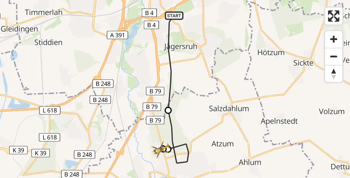 Routekaart van de vlucht: Rettungshubschrauber nach Wolfenbüttel Municipal Hospital Heliport (Christoph 30)