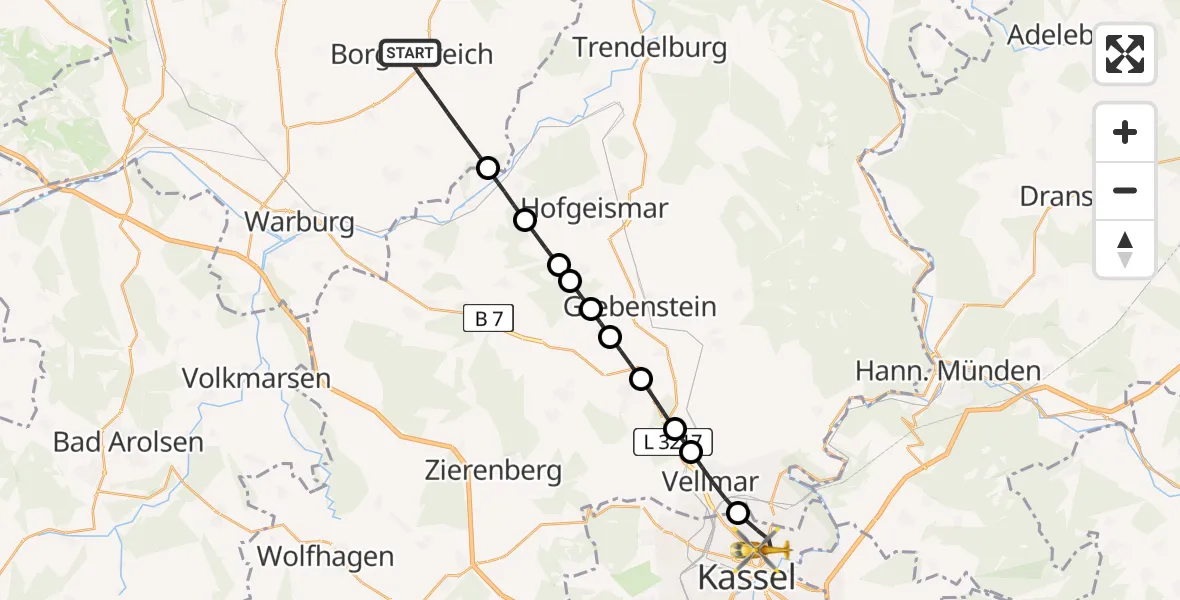 Routekaart van de vlucht: Rettungshubschrauber nach Kassel, Mönchebergstraße