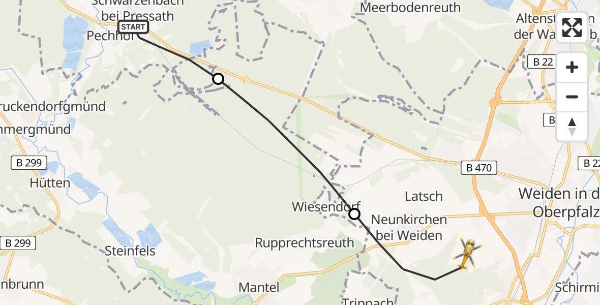 Routekaart van de vlucht: Rettungshubschrauber nach Weiden i.d.OPf., Zur Spitalöd