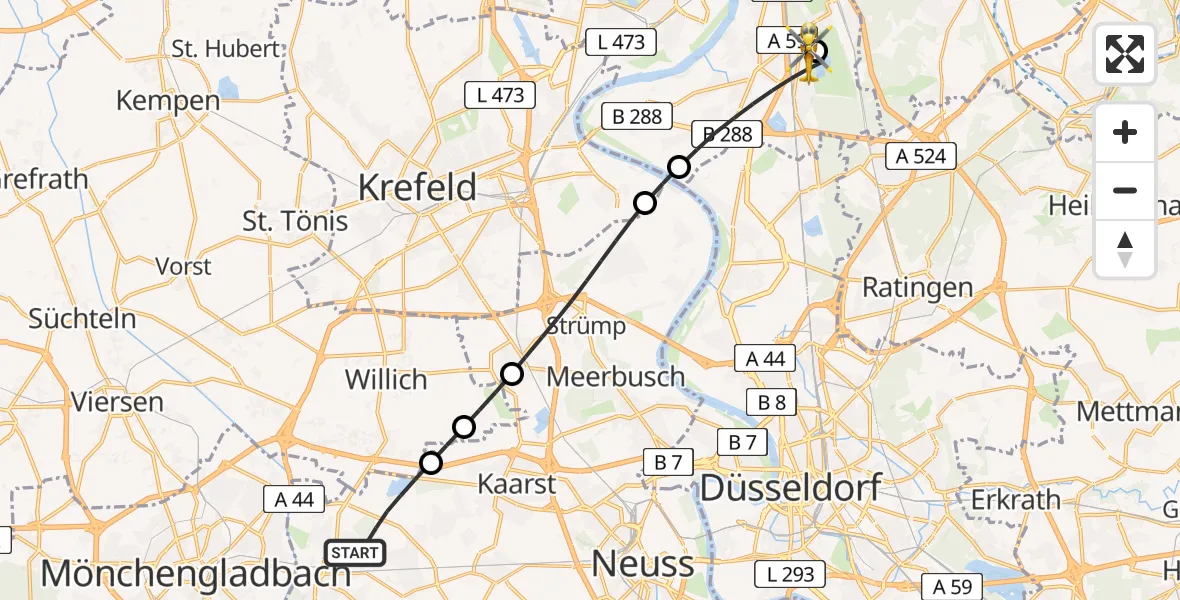 Routekaart van de vlucht: Rettungshubschrauber nach Duisburg Air Rescue Hubschrauberlandeplatz (Christoph 9)