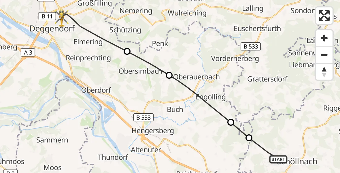 Flugroute Rettungshubschrauber Schöllnach - Deggendorf, 03 April 2026, 08:35