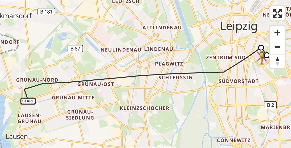 Routekaart van de vlucht: Rettungshubschrauber nach Leipzig University Hospital Heliport 1