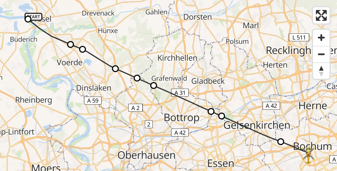 Routekaart van de vlucht: Ambulanzhubschrauber nach Bochum, Bürkle de la Camp-Platz