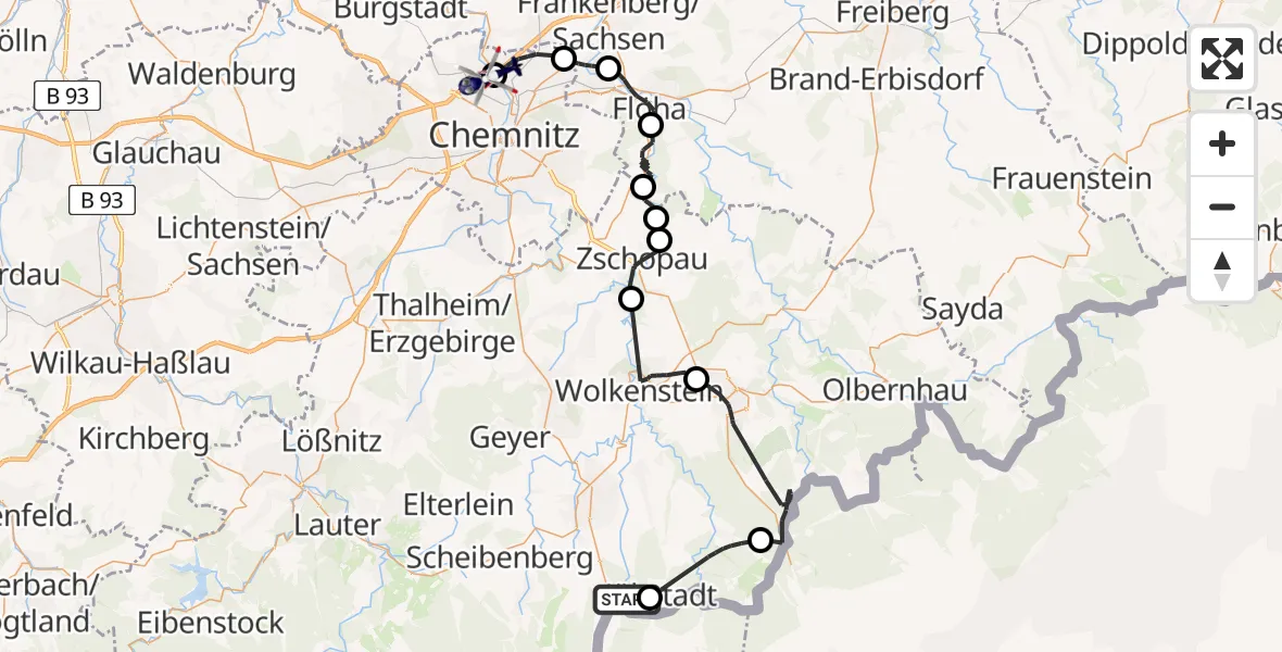 Routekaart van de vlucht: Polizeihubschrauber nach Chemnitz-Glösa Industrial Park Hubschrauberlandeplatz