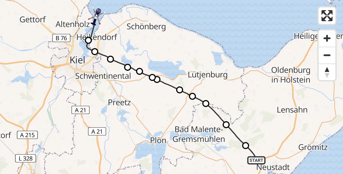 Routekaart van de vlucht: Polizeihubschrauber nach Heikendorf, K 61