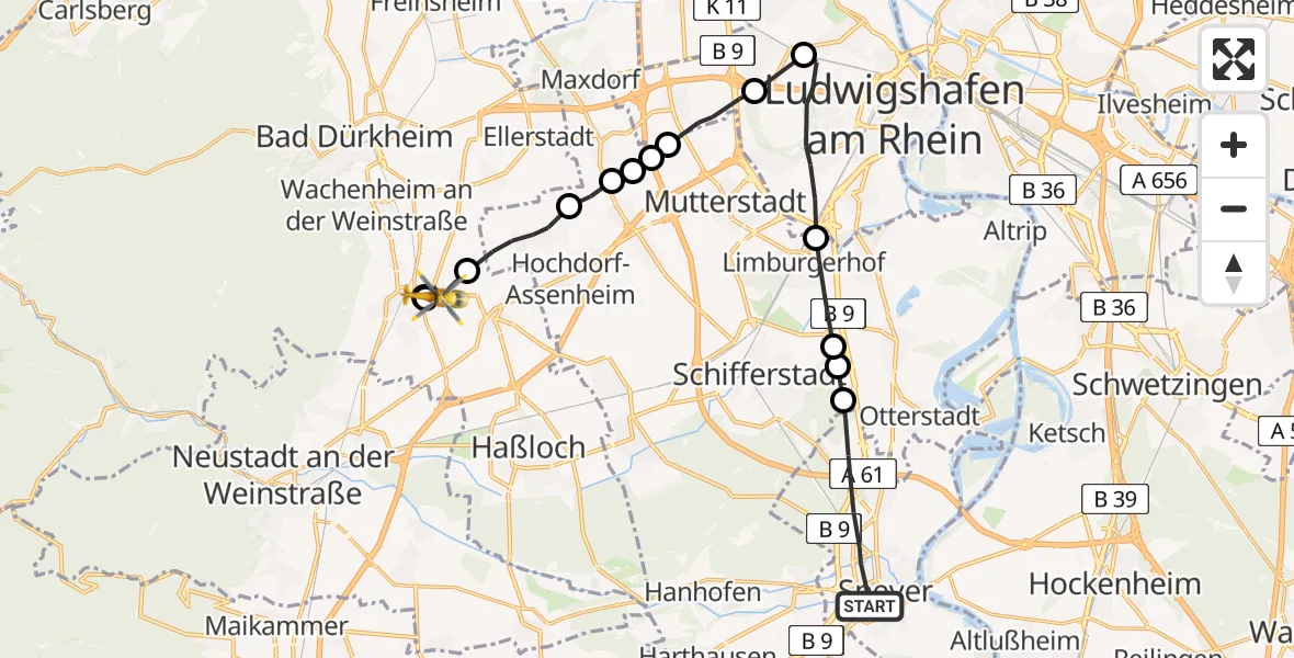 Routekaart van de vlucht: Rettungshubschrauber nach Niederkirchen bei Deidesheim, Elfmorgenstraße