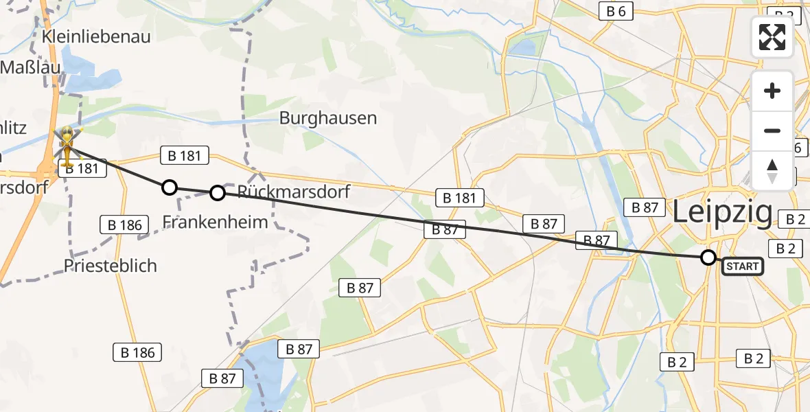 Routekaart van de vlucht: Rettungshubschrauber nach ADAC Air Rescue Station Leipzig/Schkeuditz-Dölzig Hubschrauberlandeplatz (Christoph 61)