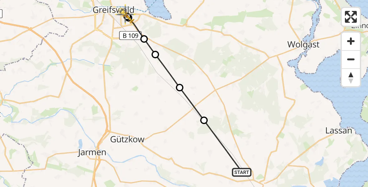 Routekaart van de vlucht: Rettungshubschrauber nach Greifswald Hospital