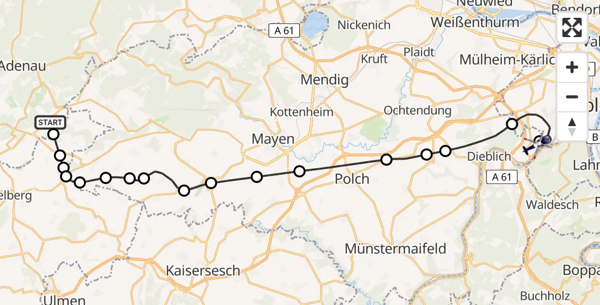 Routekaart van de vlucht: Polizeihubschrauber nach Koblenz-Winningen Flugplatz