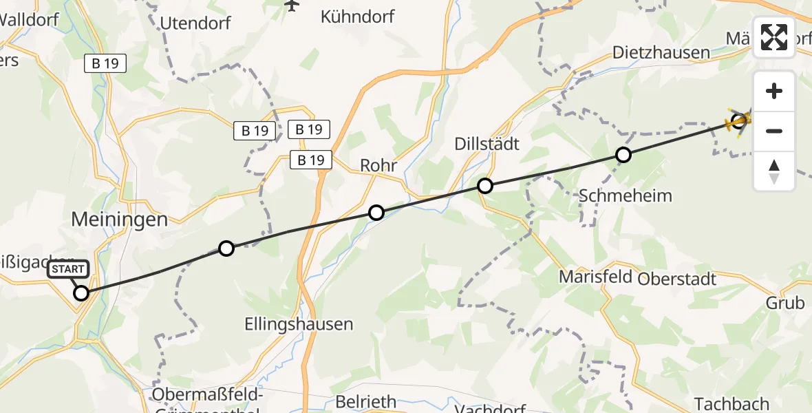 Routekaart van de vlucht: Rettungshubschrauber nach Suhl, Rennsteig-Dolmar-Weg