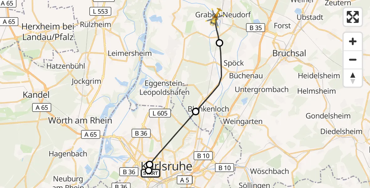 Flugroute Rettungshubschrauber Sankt Vincentius Hospital - Graben-Neudorf, 03 April 2026, 09:48