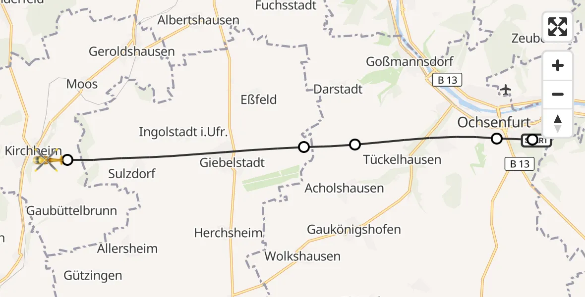 Flugroute Rettungshubschrauber Ochsenfurt Hospital - Kirchheim, 03 April 2026, 09:48